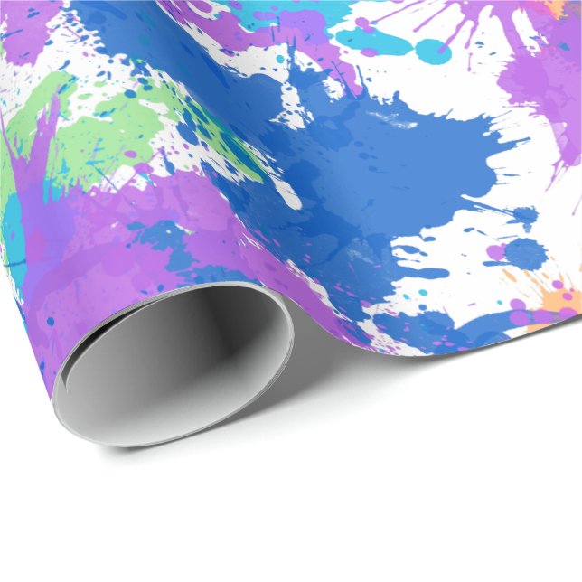 Cool Colours Abstract Splatter Paint, Blurple Wrapping Paper (Roll Corner)