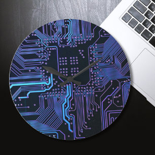 Cool Computer Circuit Board Blue Large Clock