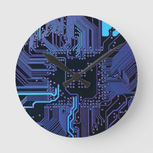 Cool Computer Circuit Board Blue Round Clock