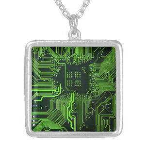 Cool Computer Circuit Board Green Silver Plated Necklace