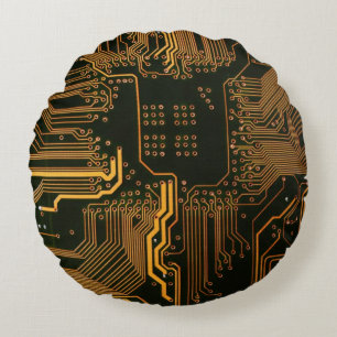 Cool Computer Circuit Board Orange Round Cushion