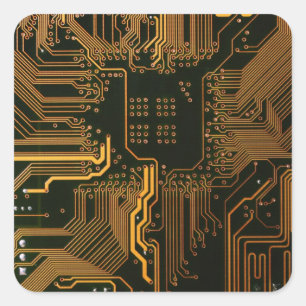 Cool Computer Circuit Board Orange Square Sticker