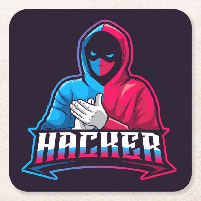Cool Computer Hacker Cartoon Drawing Square Paper Coaster (Front)