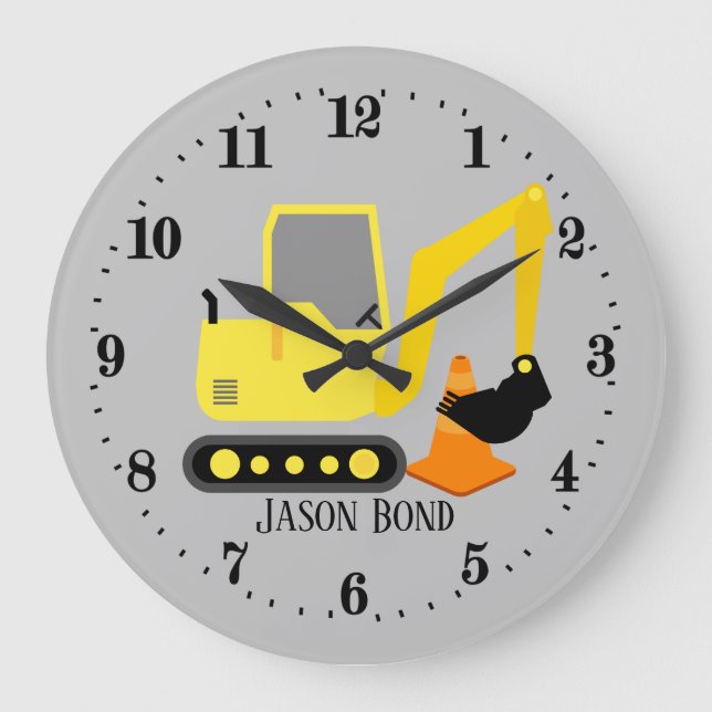 cool construction digger truck add name large clock (Front)