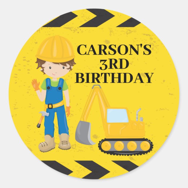 Cool Construction Excavator Custom Kids Birthday Classic Round Sticker (Front)
