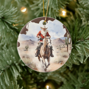 Cool Country Christmas Santa horse add message Ceramic Ornament