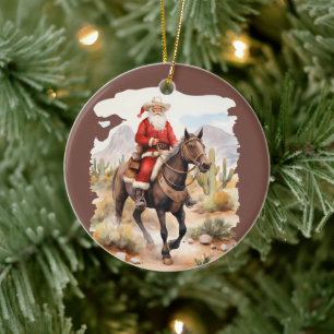 Cool Country Christmas Santa horse add message Ceramic Ornament