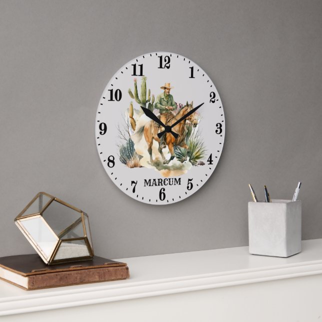 Cool Country Western cowboy add name Large Clock (Office)