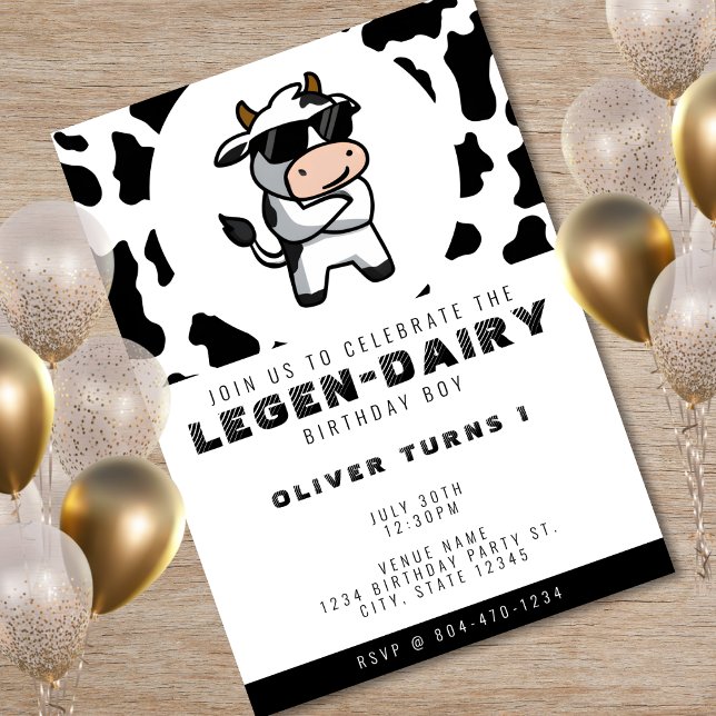 Cool Cow Print Photo 1st Birthday Invitation (Cool Cow Print Photo 1st Birthday Invitation)