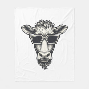 Cool Cow Sunglasses Vintage Engraving Vector Desig Fleece Blanket