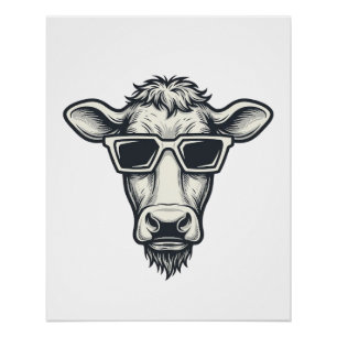 Cool Cow Sunglasses Vintage Engraving Vector Desig Poster