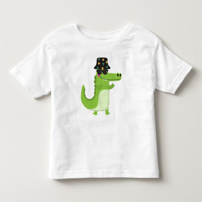 Cool Crocodile with Sunglasses & Leafy Bucket Hat Toddler T-Shirt (Front)