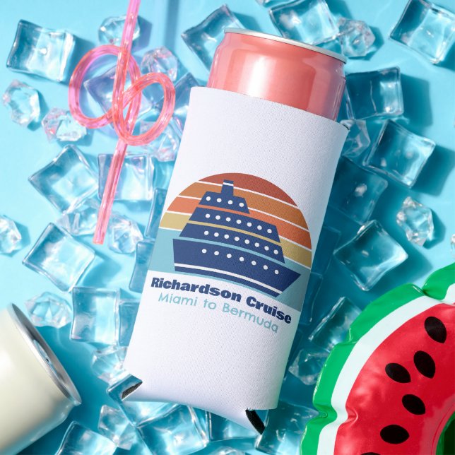 Cool Cruise Ship Family Trip Sunset Custom Blue Seltzer Can Cooler (In Situ Summer)