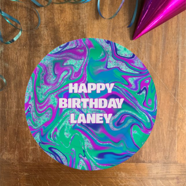 Cool Custom Aqua Swirl Glitter Girl Birthday Party Paper Plate (Personalize with name vibrant teal purple swirl glitter happy birthday slime party paper plates
)