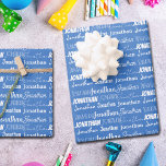 Cool Custom Blue Name Typography Birthday Wrapping Paper Sheet<br><div class="desc">Cool blue name collage wrapping paper sheets for a boy's birthday decorated in nine different fonts spelling your name in white. Cute custom kids gift wrap with fun typography in white.</div>