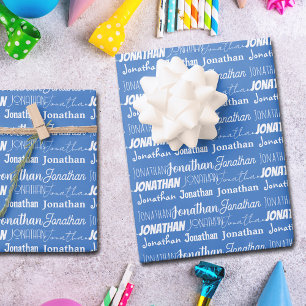 Cool Custom Blue Name Typography Birthday Wrapping Paper Sheet