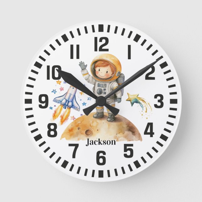 Cool Custom Name Astronaut Boy on the Moon Round Clock (Front)