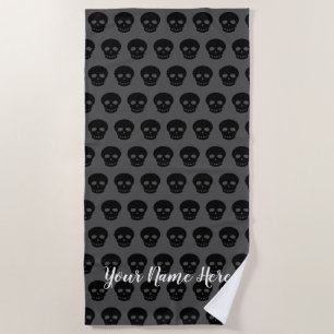 Cool Custom Name Black White Grey Skull Pattern Beach Towel