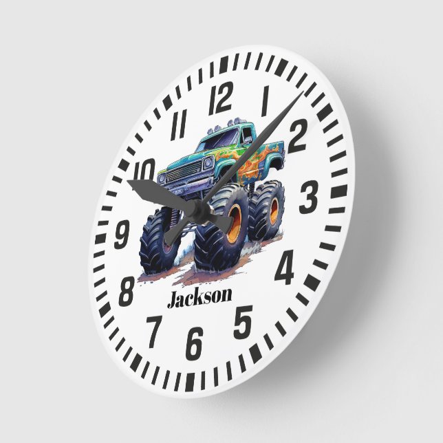 Cool Custom Name Blue Monster Truck  Round Clock (Angle)