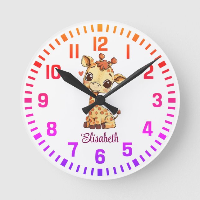 Cool Custom Name Little Giraffe Round Clock (Front)