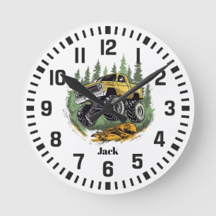 Cool Custom Name Monster Truck in the Forest Round Clock
