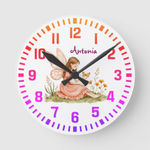 Cool Custom Name Pink Fairy with Butterfly Round Clock