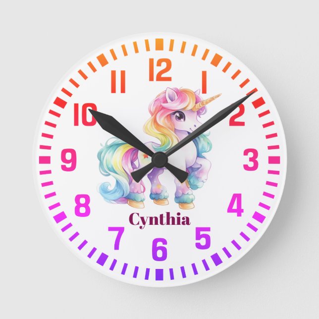 Cool Custom Name Rainbow Unicorn Round Clock (Front)