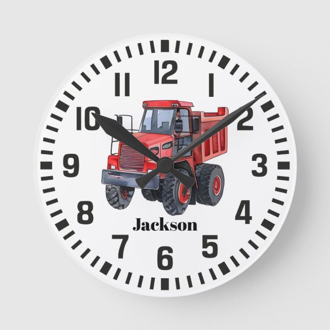 Cool Custom Name Red Tractor Round Clock (Front)
