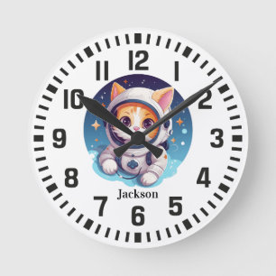 Cool Custom Name Space Cat Round Clock