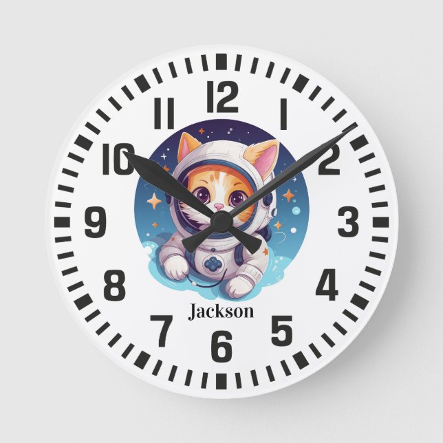 Cool Custom Name Space Cat Round Clock (Front)