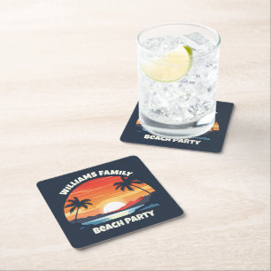 Cool Custom Sunrise Palm Trees Beach Party Blue Square Paper Coaster