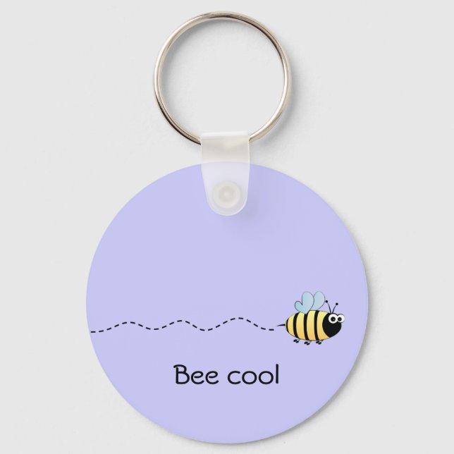 Cool cute bee cartoon pun purple key ring (Front)