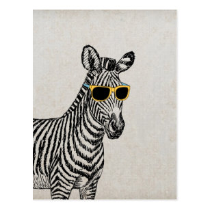Cool cute funny zebra sketch with  trendy glasses postcard