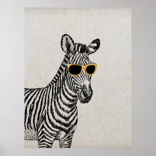 Cool cute funny zebra sketch with trendy glasses poster