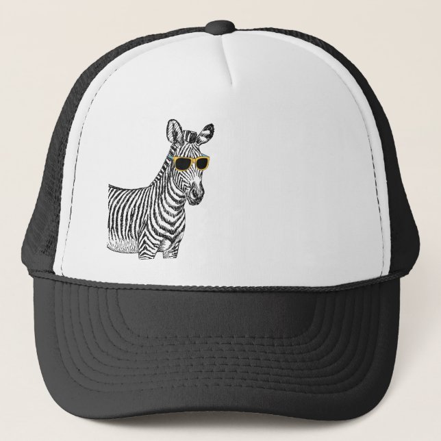 Cool cute funny zebra sketch with  trendy glasses trucker hat (Front)