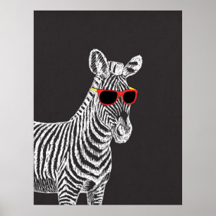 Cool cute funny zebra white sketch with glasses poster