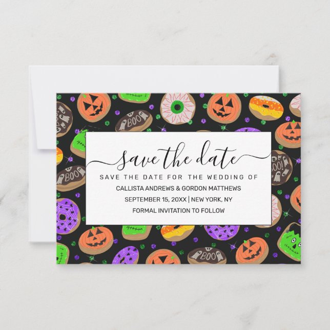 Cool Cute Glitter Confetti Doughnuts Halloween Save The Date (Front)