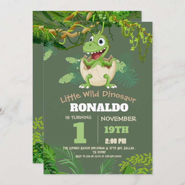 Cool Cute Little Dinosaur 1st Birthday Invitation (Front/Back)