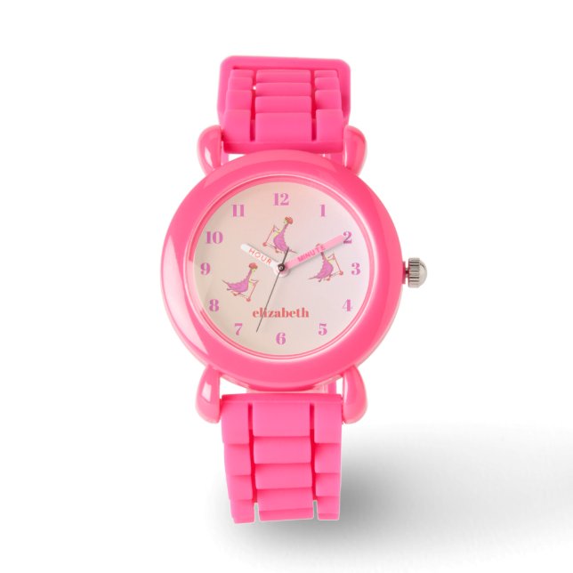 Cool Cute Pink Dinosaurs Pattern Girly Name Watch (Front)