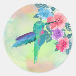 Cool cute trendy  watercolours hummingbird floral classic round sticker