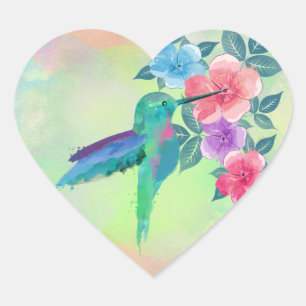 Cool cute trendy  watercolours hummingbird floral heart sticker