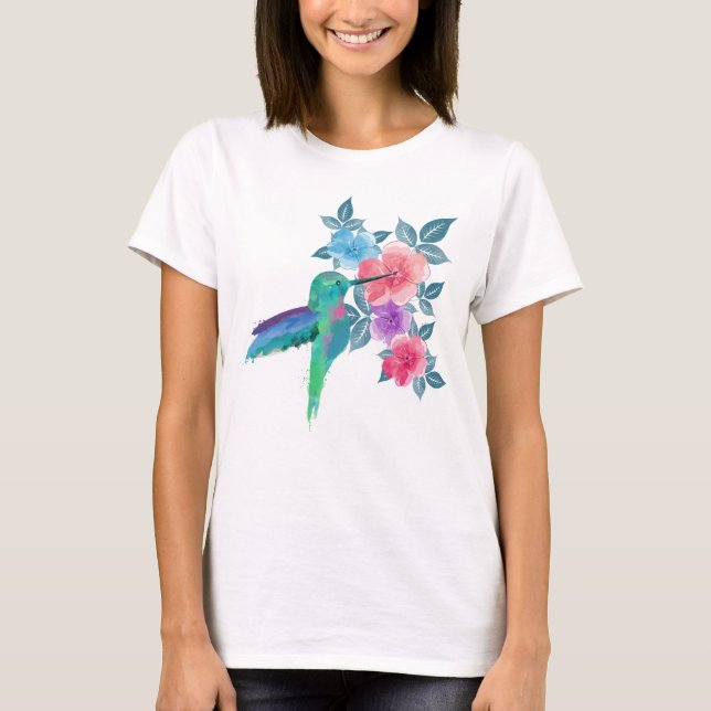 Cool cute trendy  watercolours hummingbird floral T-Shirt (Front)