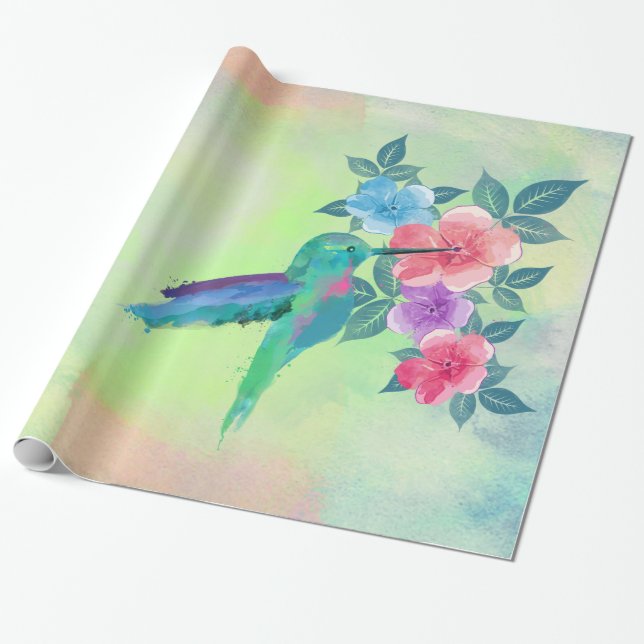 Cool cute trendy  watercolours hummingbird floral wrapping paper (Unrolled)