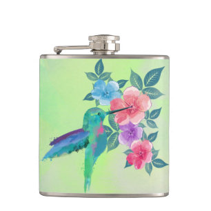 Cool cute vibrant watercolours hummingbird floral hip flask