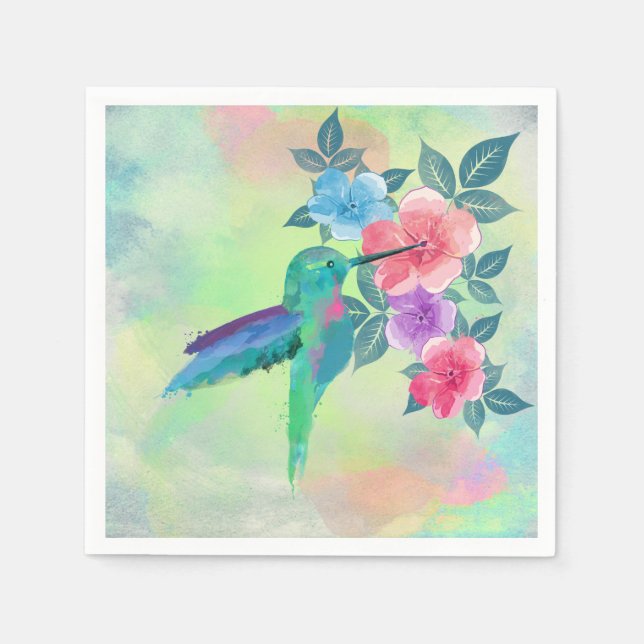 Cool cute  vibrant watercolours hummingbird floral napkin (Front)