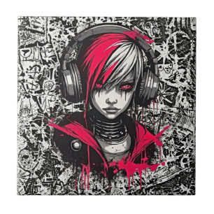 Cool Cyber 2K Urban Emo Girl with Headphones Art Ceramic Tile