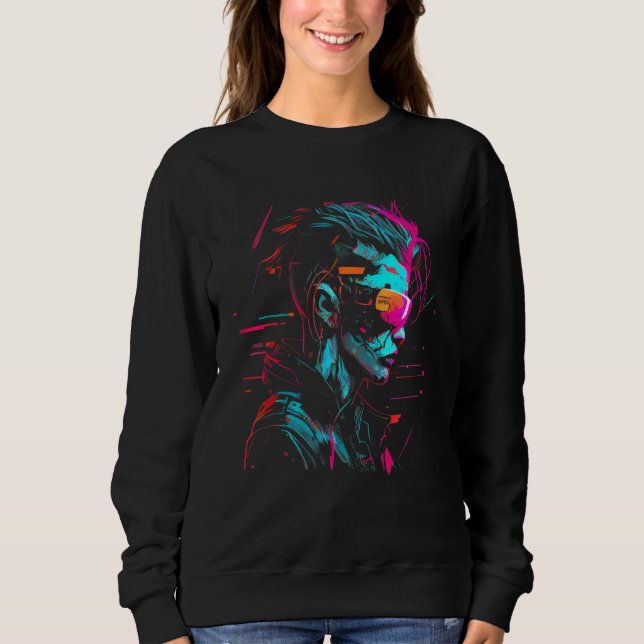 Cool Cyberpunk Style Girl Wearing Virtual Reality  Sweatshirt (Front)