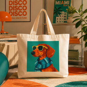 Cool Dachshund Dog Wearing Scarf and Sunglasses Large Tote Bag