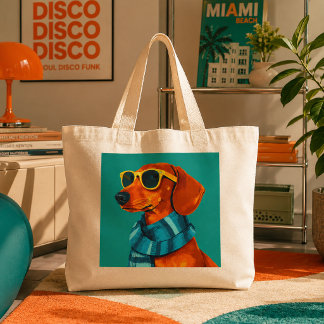 Cool Dachshund Dog Wearing Scarf and Sunglasses Large Tote Bag