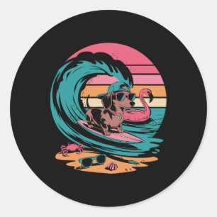 Cool Dachshund Surfing Wave With Flamingo And Suns Classic Round Sticker